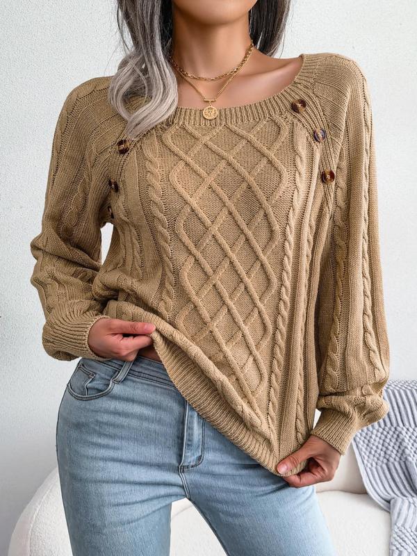 Women's Solid Textured Fake Buttons Raglan Sleeve Sweater