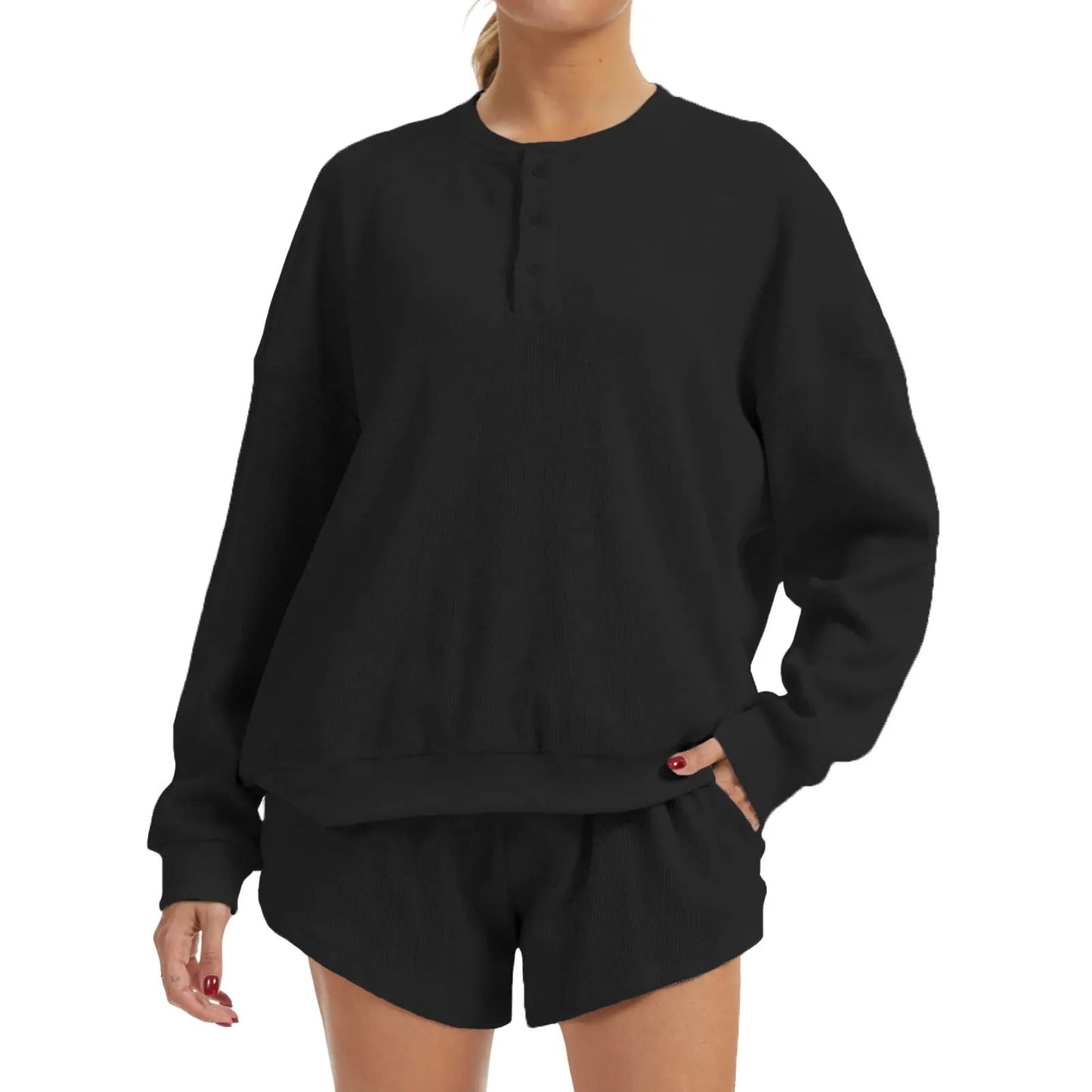 Women's Oversized Waffle Knit Lounge Set - Henley Sweatshirt & High Waisted Shorts