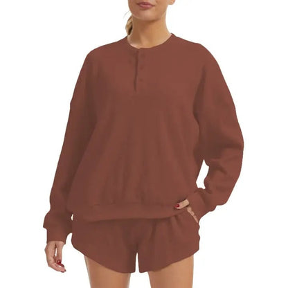 Women's Oversized Waffle Knit Lounge Set - Henley Sweatshirt & High Waisted Shorts
