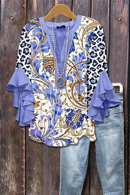 Women's Mixed Floral Print Ruffle Bell Sleeve Top