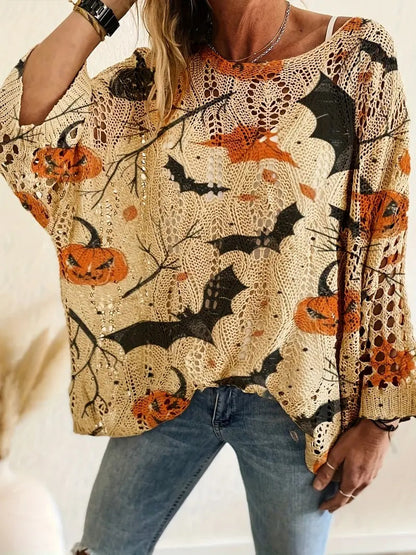 Halloween Crew Neck Pumpkin Loose Fit Long Sleeve Cutout Sweater