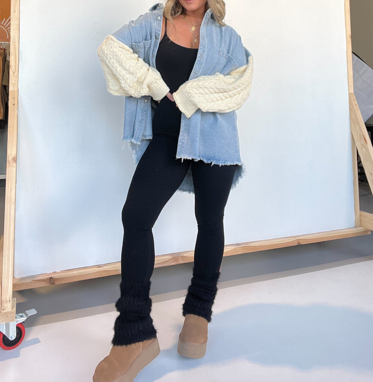 Cozy Sweater Sleeve Denim Shacket (Buy 2 Free Shipping)