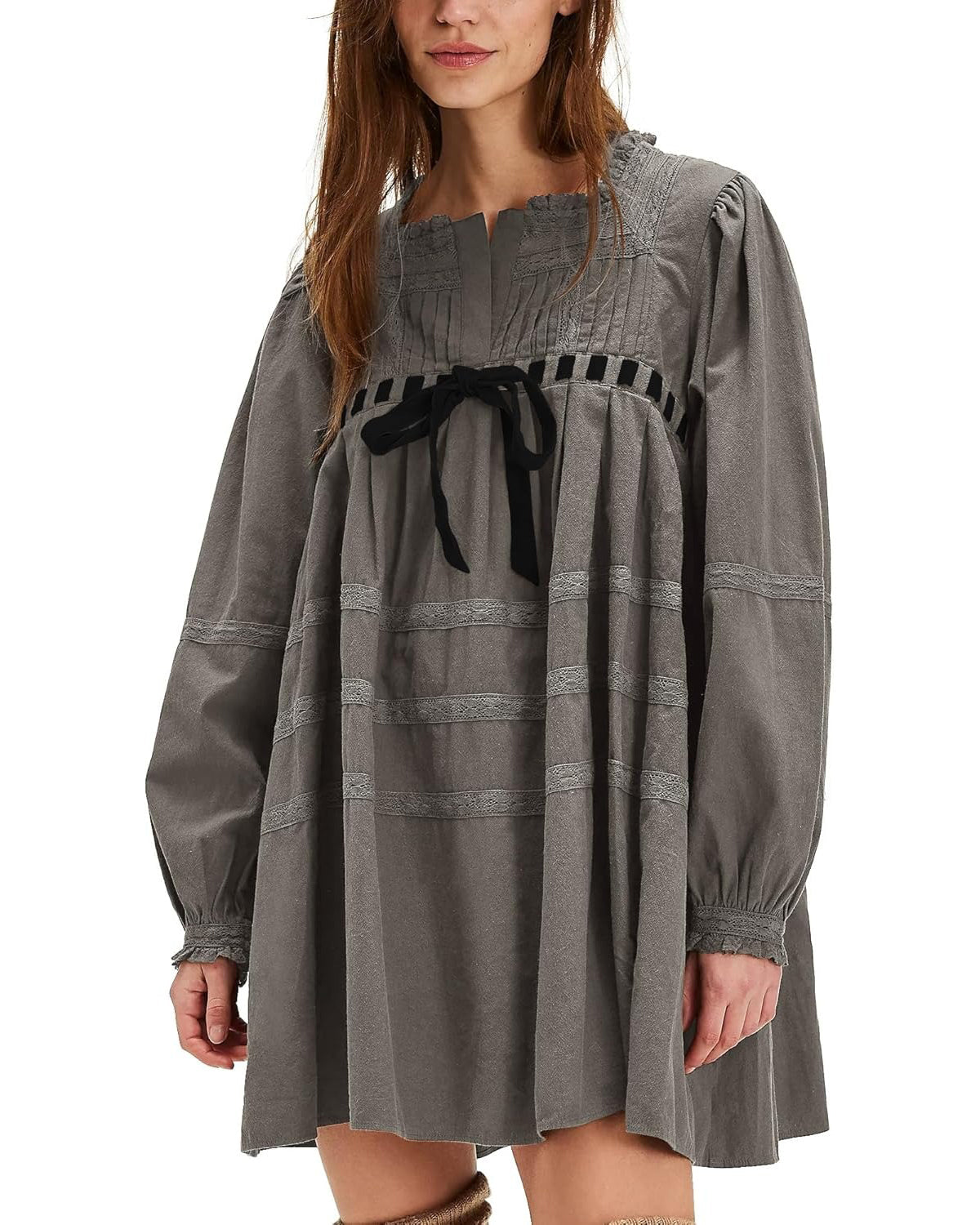 Women's Square Neck Tie Front Long Sleeve Lace Trim Mini Dress