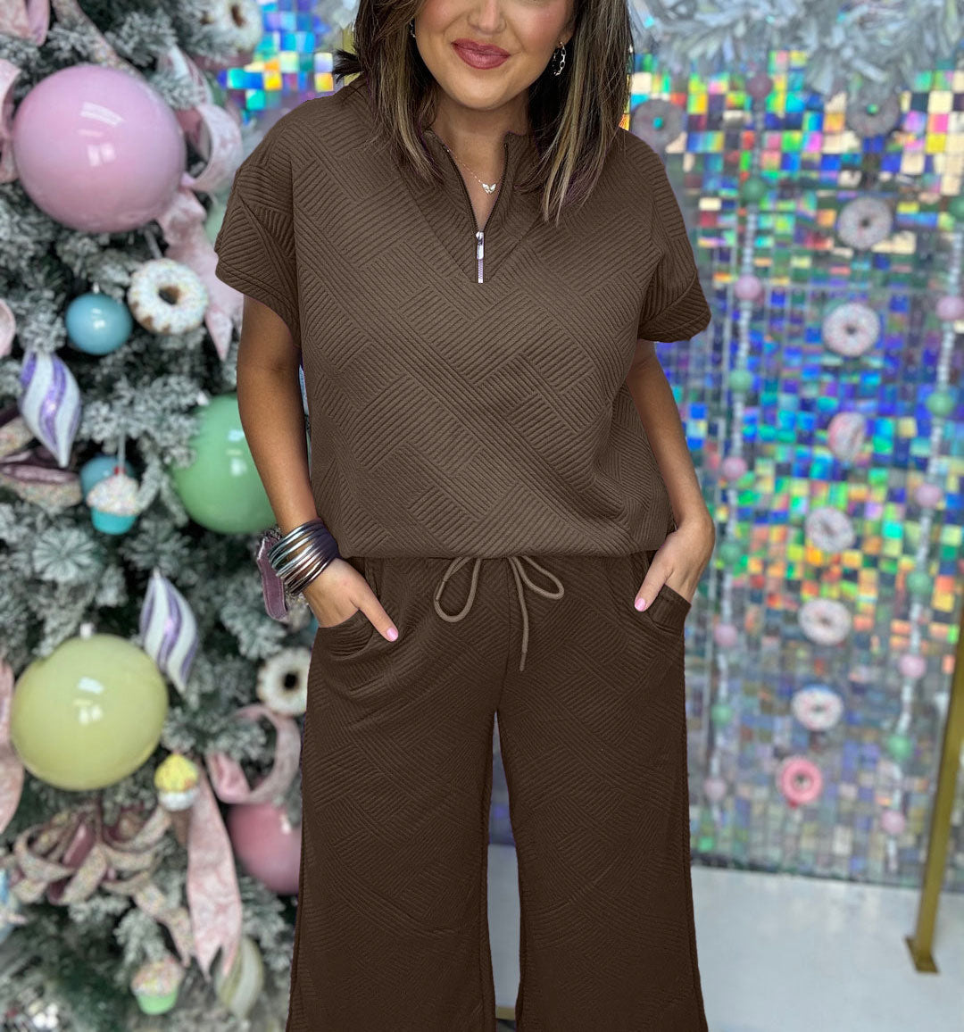 Women's Textured Loose Zip Top and Drawstring Pants Casual Set (Buy 2 Free Shipping)