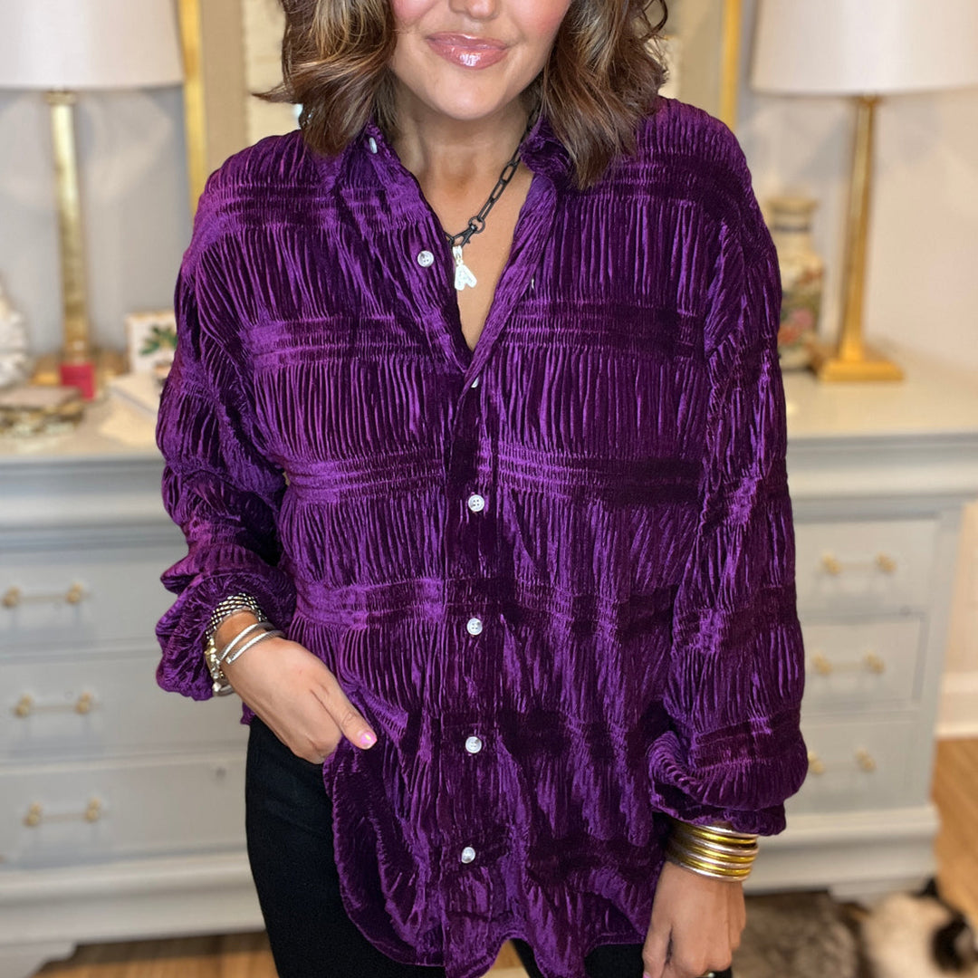 Women's Shirred Velvet Button Down Top (Buy 2 Free Shipping)