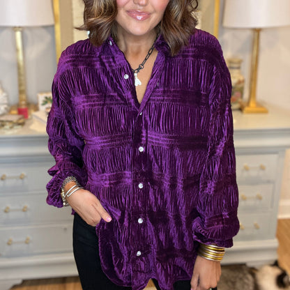 Women's Shirred Velvet Button Down Top (Buy 2 Free Shipping)