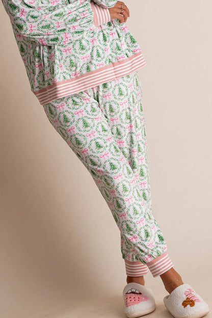 Christmas Tree Bow Satin Pajamas Set - Pink and Green