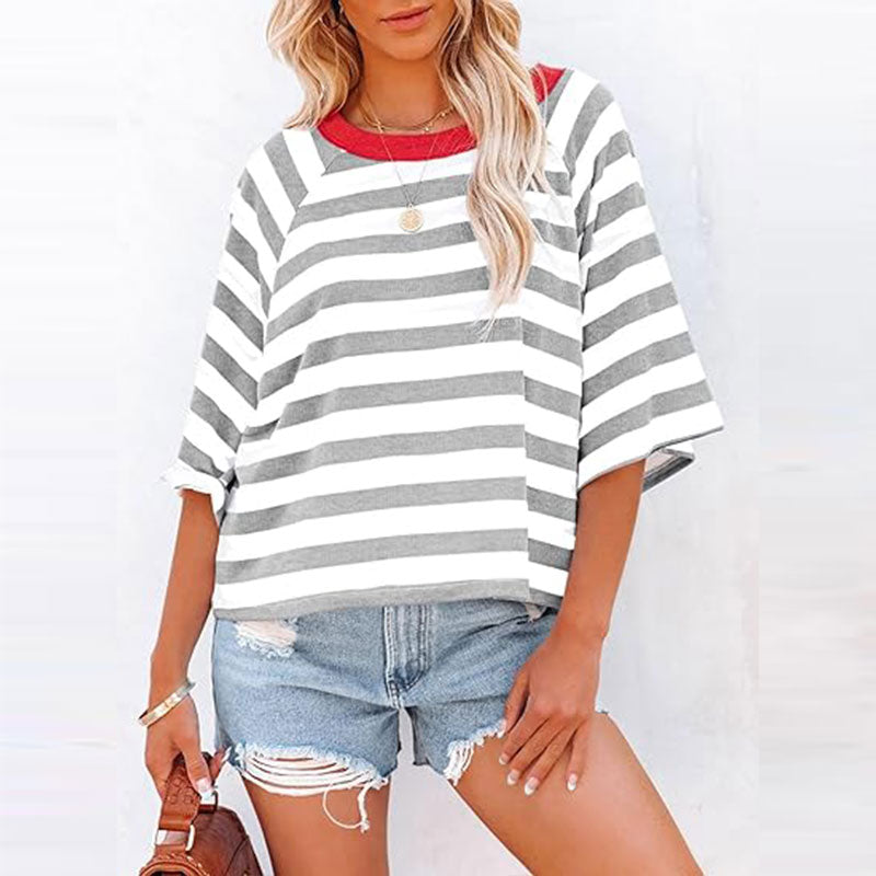 Women Summer Striped  Color Blocking T Shirts Tee