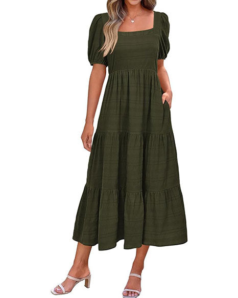 Women's Summer Puff Sleeve Loose Fit Midi Dress （BUY 2 FREE SHIPPING)