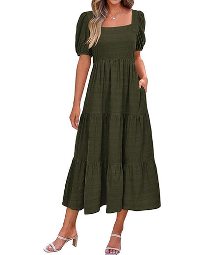 Women's Summer Puff Sleeve Loose Fit Midi Dress （BUY 2 FREE SHIPPING)