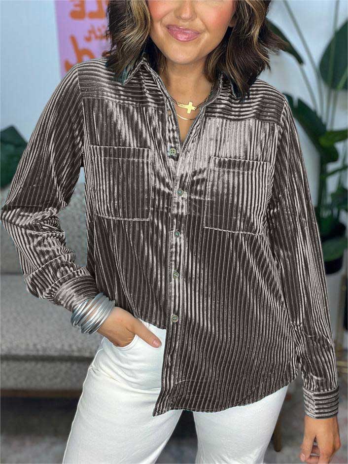 Velvet Striped Button Down Top (Buy 2 Free Shipping)