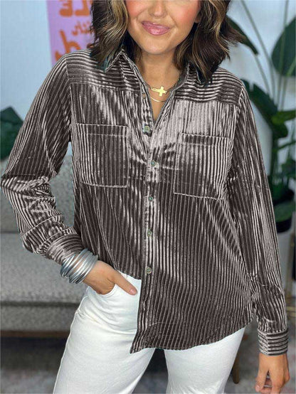 Velvet Striped Button Down Top (Buy 2 Free Shipping)