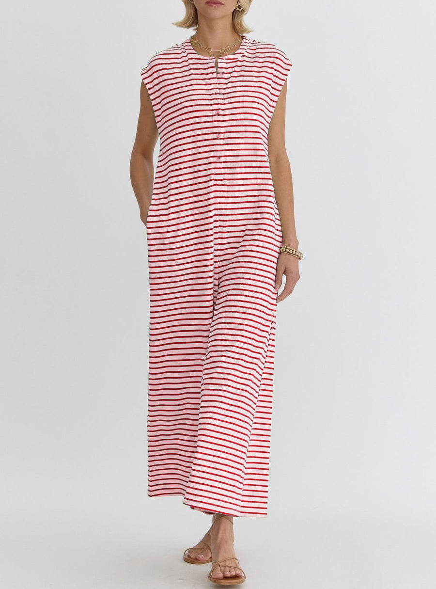Women's Casual Striped Button-Up Jumpsuit