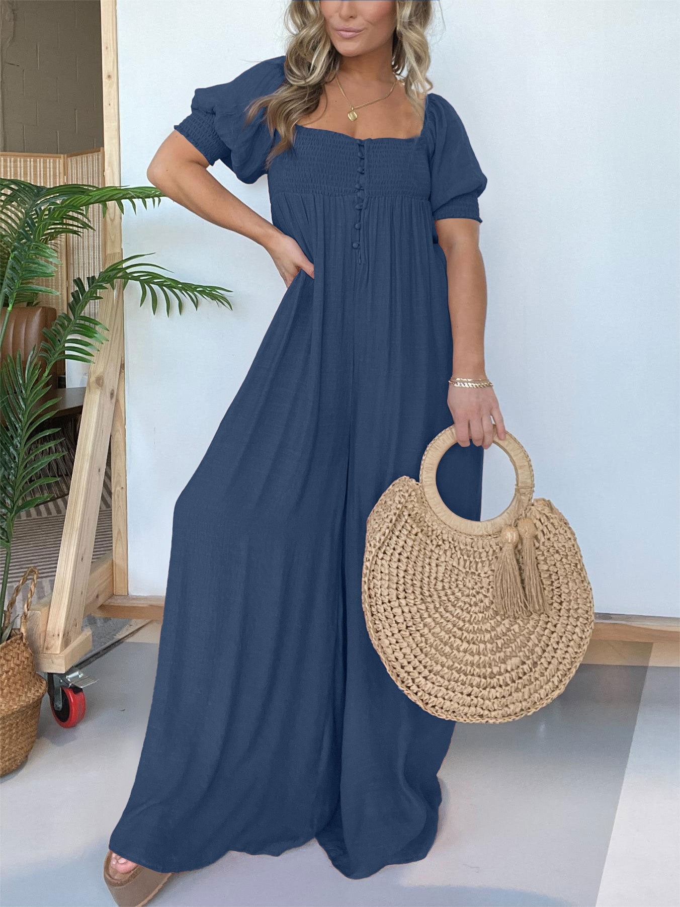 Hot Sale 2024 New Square Neckline Jumpsuit with Smocked Bodice Button (Buy 2 Free Shipping)