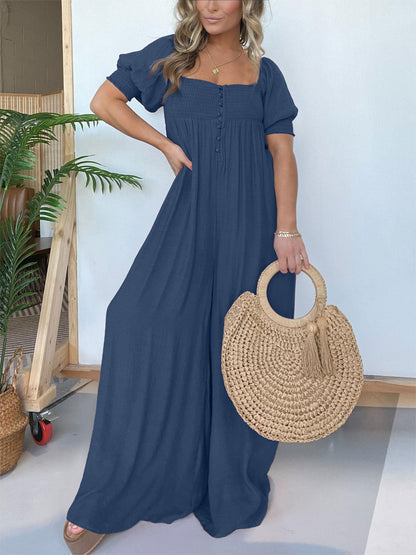 Hot Sale 2024 New Square Neckline Jumpsuit with Smocked Bodice Button (Buy 2 Free Shipping)