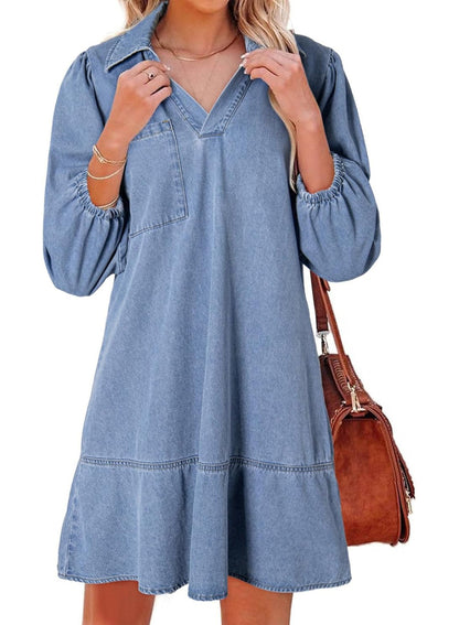 Women's V-neck Puff Sleeve Denim Layered Dress