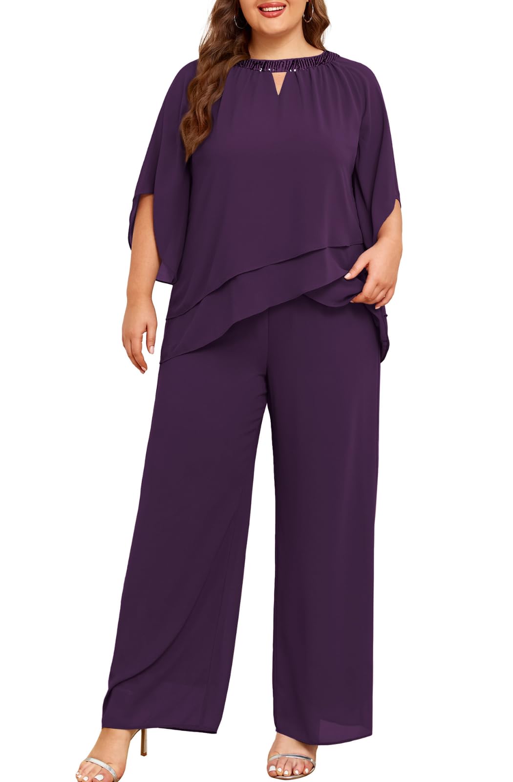 Half Sleeve Chiffon 2-Piece Pant Suit