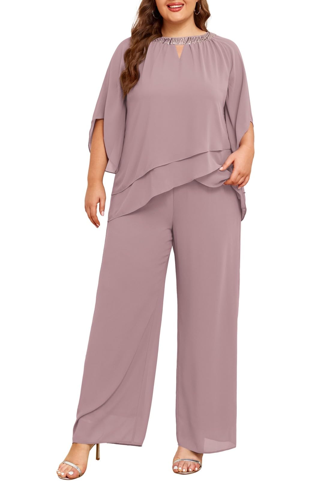 Half Sleeve Chiffon 2-Piece Pant Suit