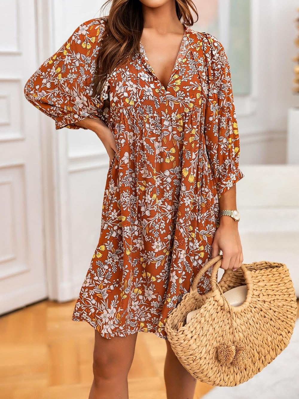 2024 Women's V Neck Half Sleeve Floral Tunic Short Dress (Buy 2 Free Shipping)