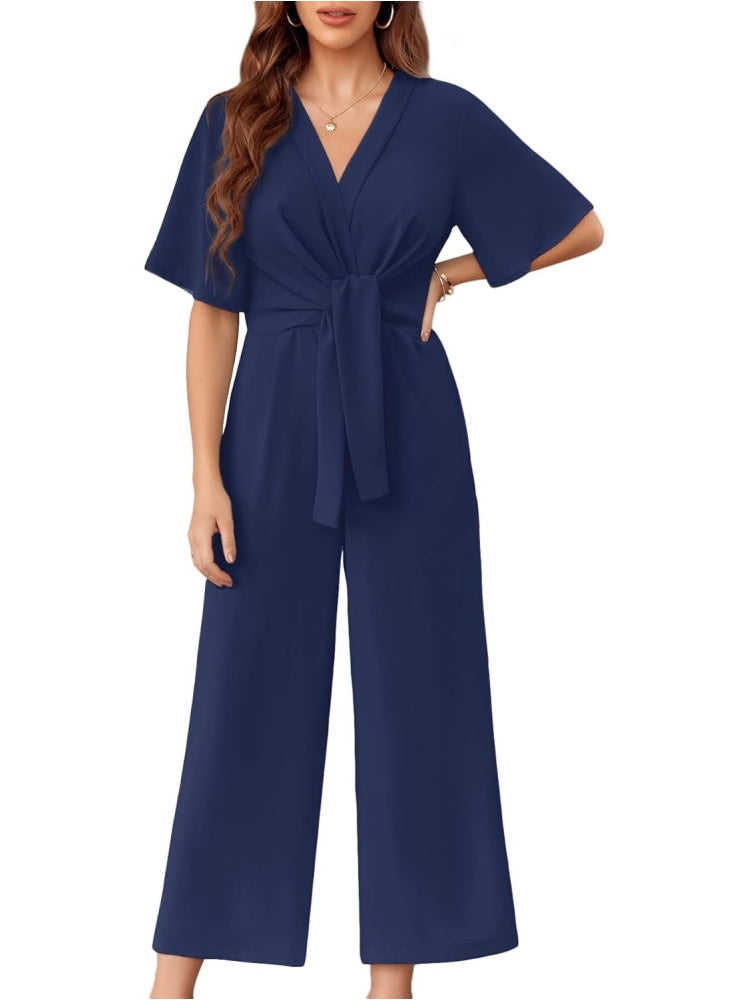 Limited time sale🔥Womens Short Sleeve Tie Knot Front Wide Leg Jumpsuits
