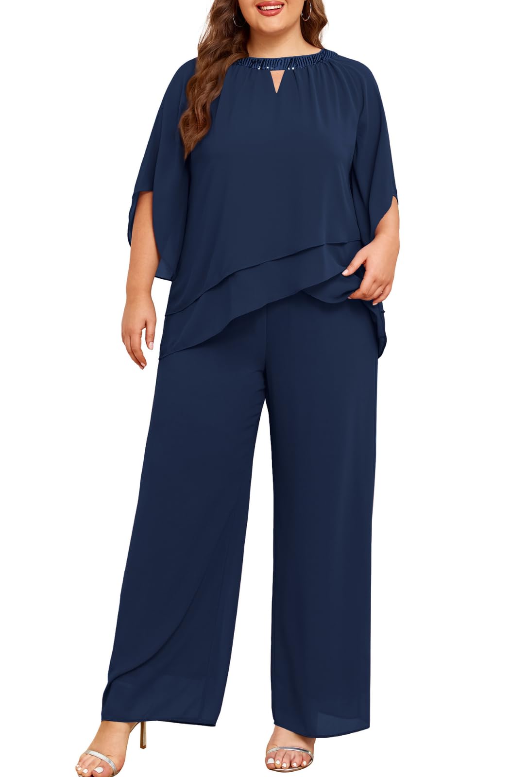 Half Sleeve Chiffon 2-Piece Pant Suit
