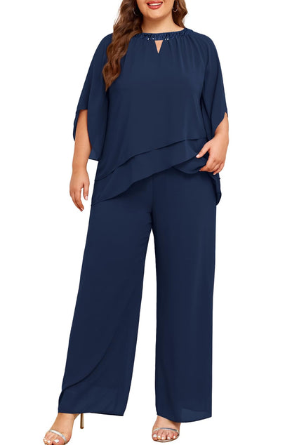 Half Sleeve Chiffon 2-Piece Pant Suit