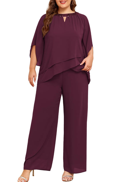 Half Sleeve Chiffon 2-Piece Pant Suit