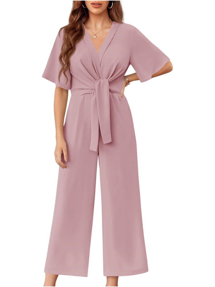 Limited time sale🔥Womens Short Sleeve Tie Knot Front Wide Leg Jumpsuits