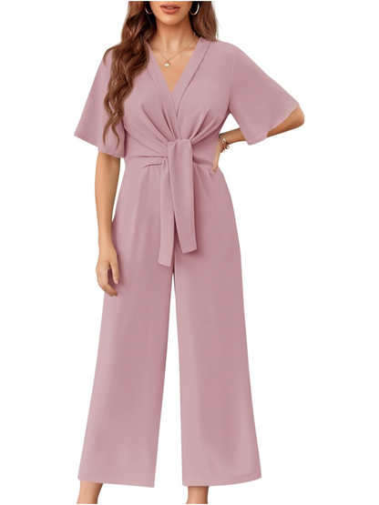 Limited time sale🔥Womens Short Sleeve Tie Knot Front Wide Leg Jumpsuits