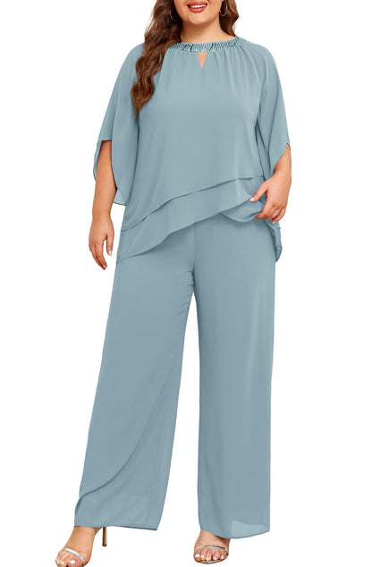 Half Sleeve Chiffon 2-Piece Pant Suit
