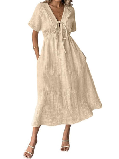 Limited time sale🔥Women's V-Neck Tie Waist Short Sleeve Midi Dress with Pockets