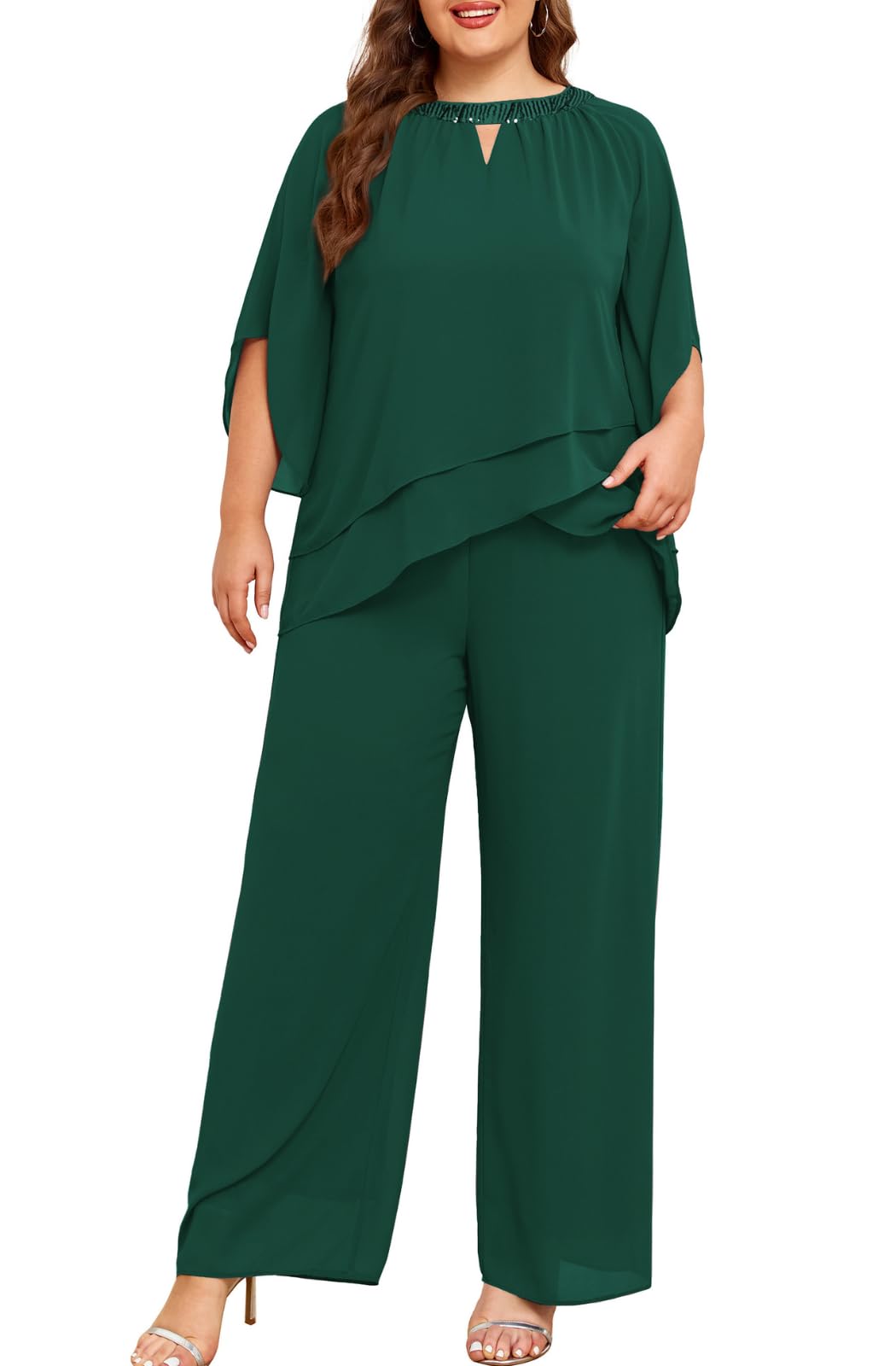 Half Sleeve Chiffon 2-Piece Pant Suit
