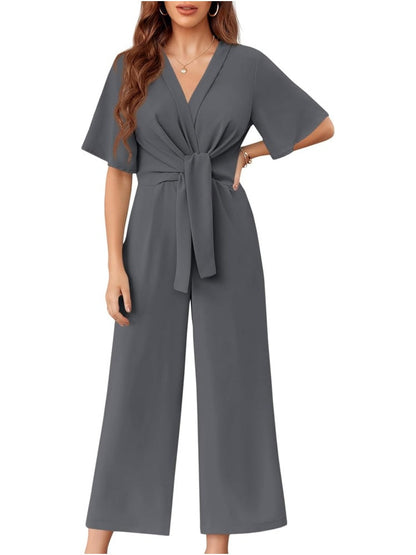 Limited time sale🔥Womens Short Sleeve Tie Knot Front Wide Leg Jumpsuits