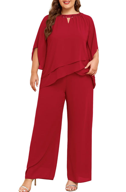 Half Sleeve Chiffon 2-Piece Pant Suit