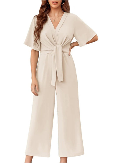 Limited time sale🔥Womens Short Sleeve Tie Knot Front Wide Leg Jumpsuits