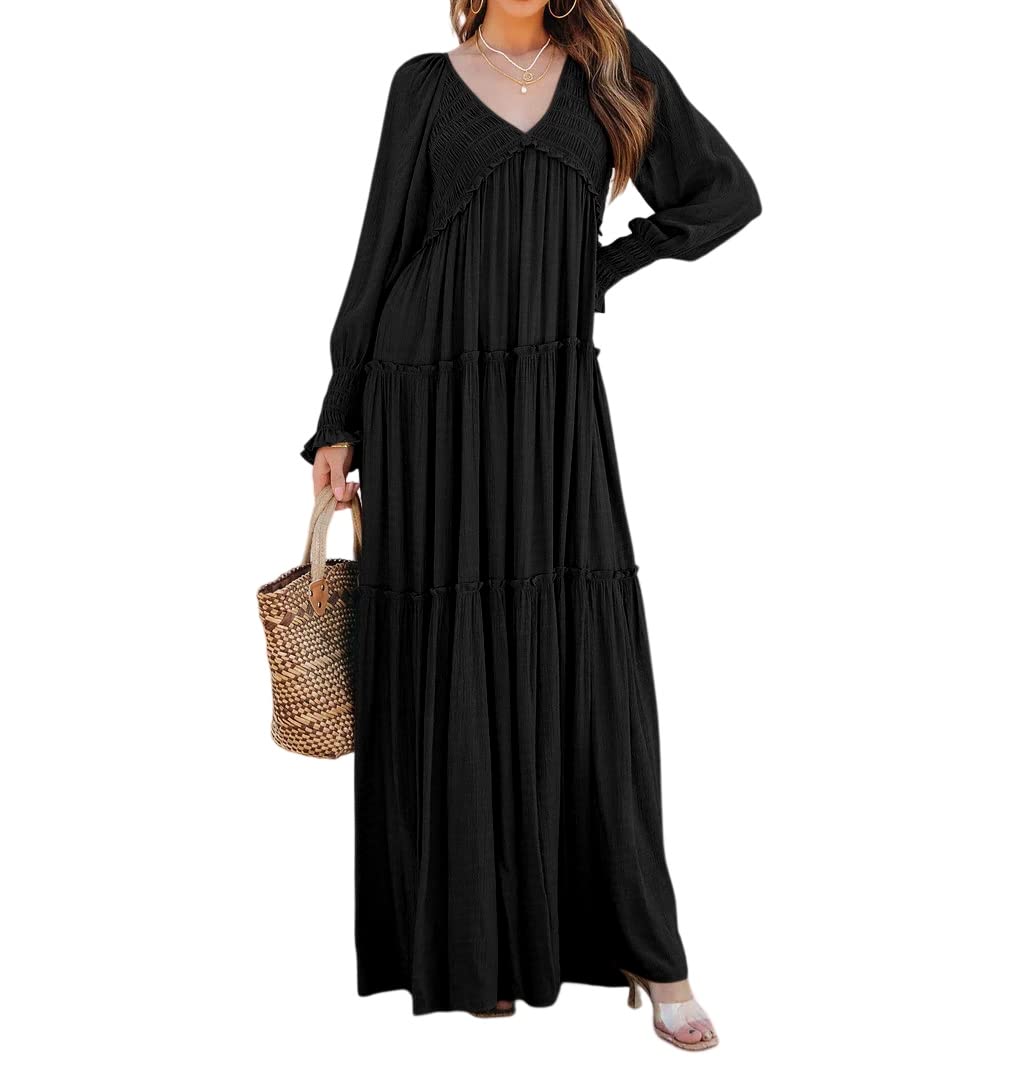 Women Long Sleeve V Neck Boho Casual Flowy Long Dresses✨Buy 2 Free Shipping