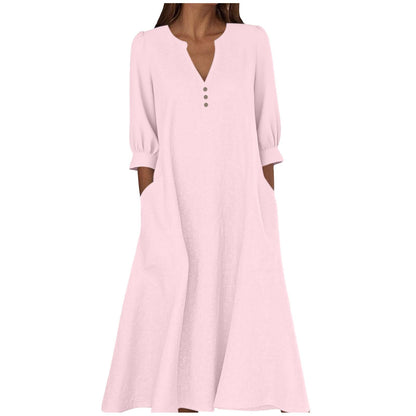 Women's Cotton Linen V-Neck 3/4 Sleeve Pocket Maxi Dress
