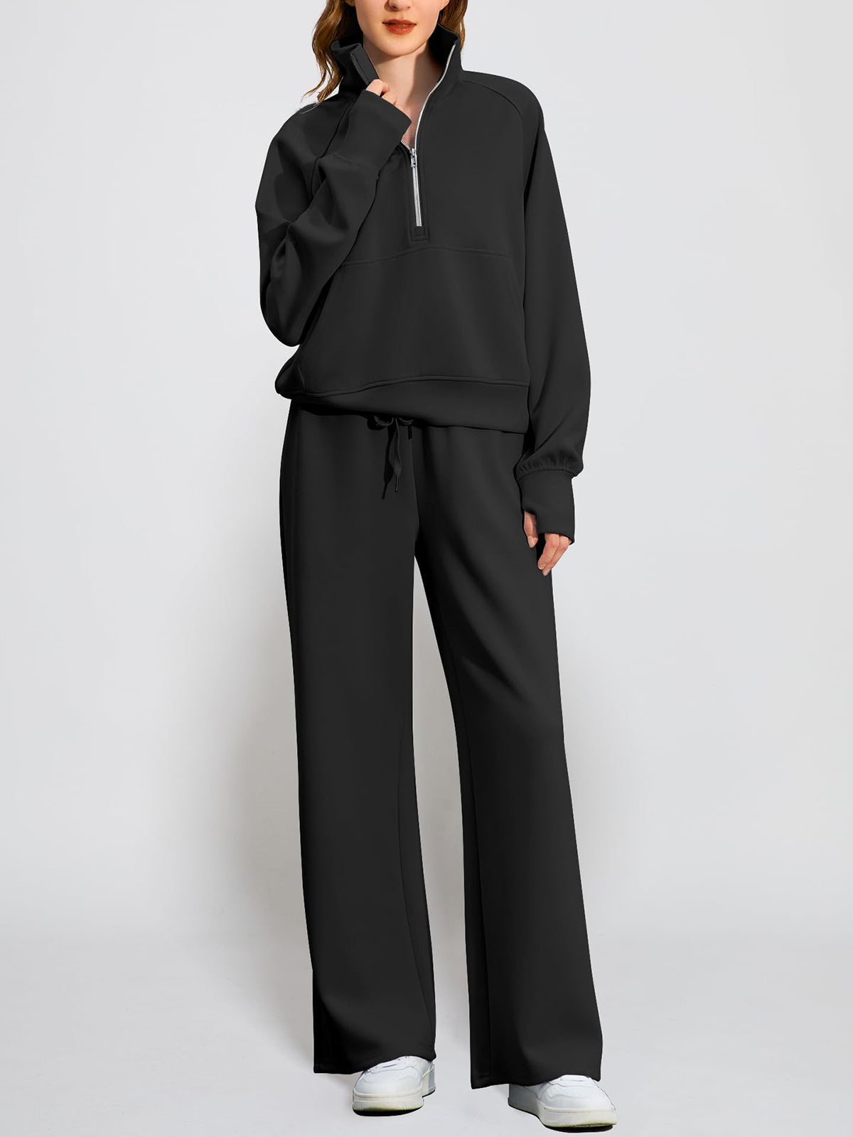 Women's Oversized Half Zip Wide Leg 2 Piece Outfits Lounge Set
