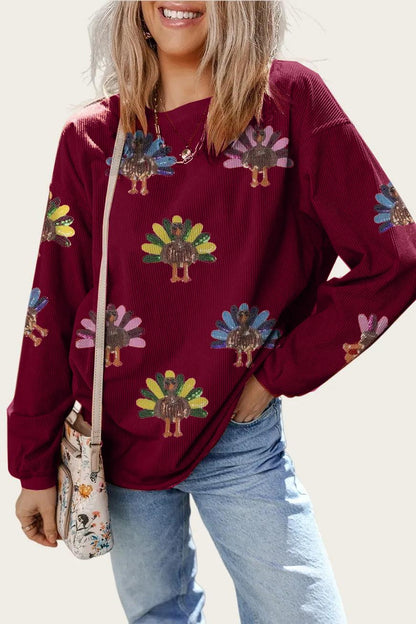 Limited time sale🔥Sequin Turkey Patch Thanksgiving Corduroy Sweatshirt
