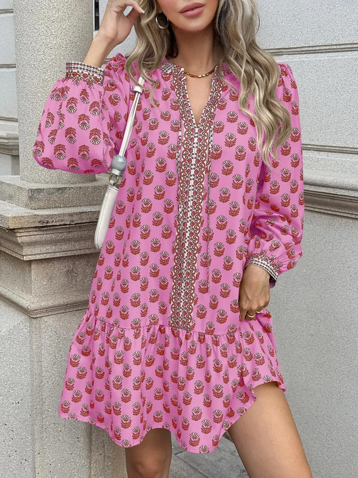 Floral V Neck Babydoll Dress with Pockets