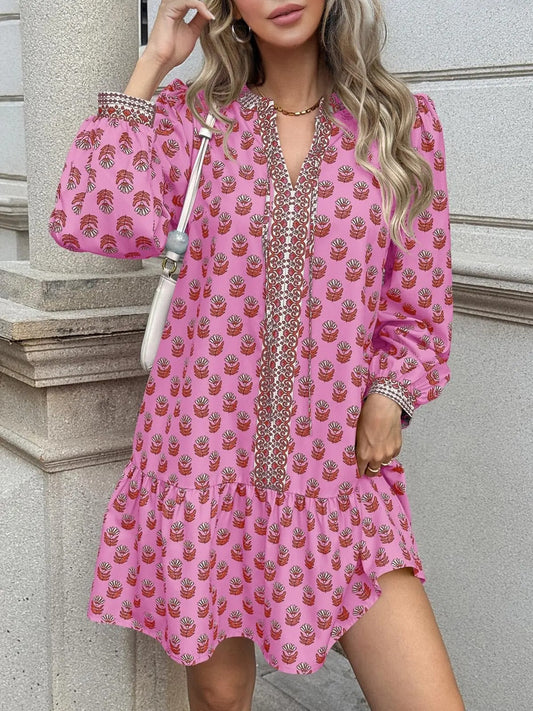 Floral V Neck Babydoll Dress with Pockets