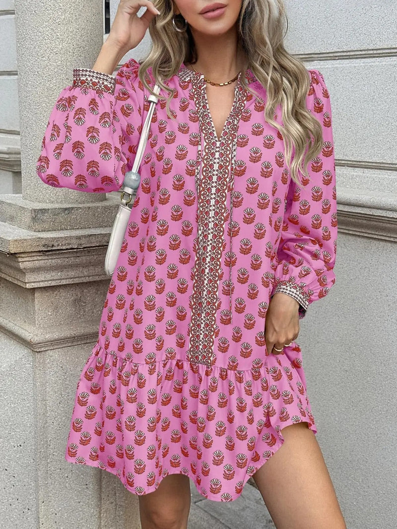 Floral V Neck Babydoll Dress with Pockets