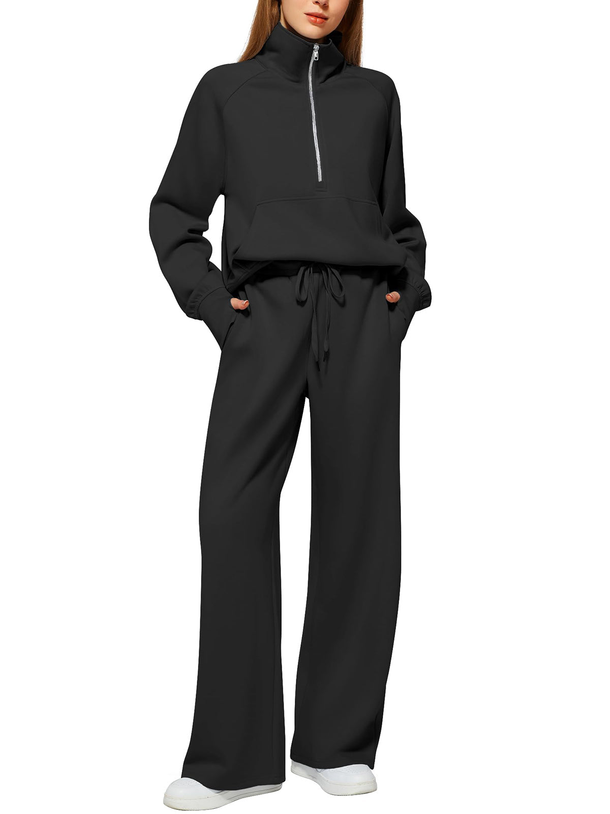 Women's Oversized Half Zip Wide Leg 2 Piece Outfits Lounge Set