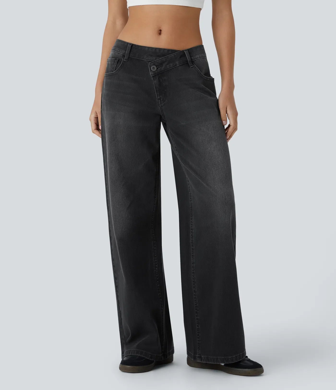 Asymmetric Low Rise Zipper Pockets Baggy Wide Leg Washed Casual Jeans