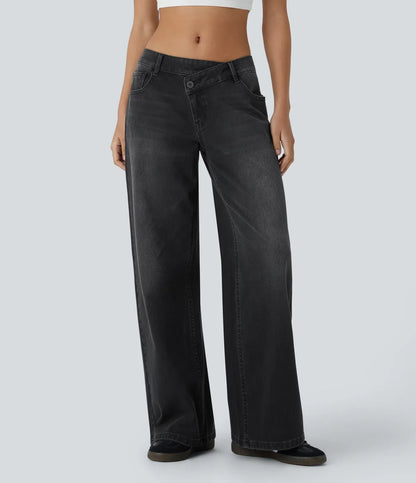 Asymmetric Low Rise Zipper Pockets Baggy Wide Leg Washed Casual Jeans