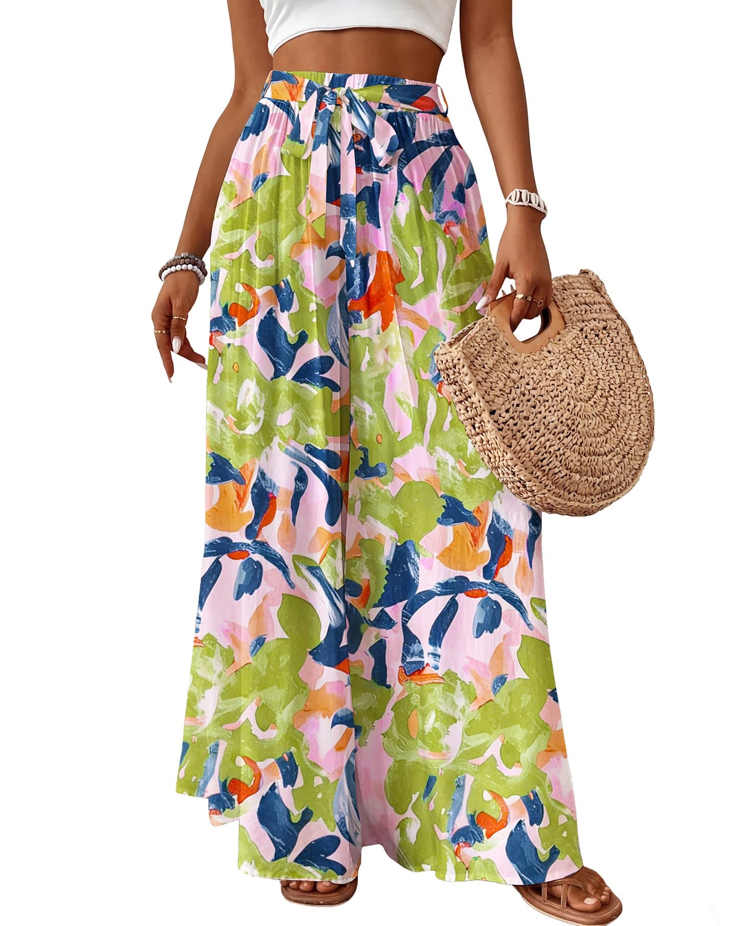 Woman Flowy Floral Palazzo Pants Wide Leg Pants