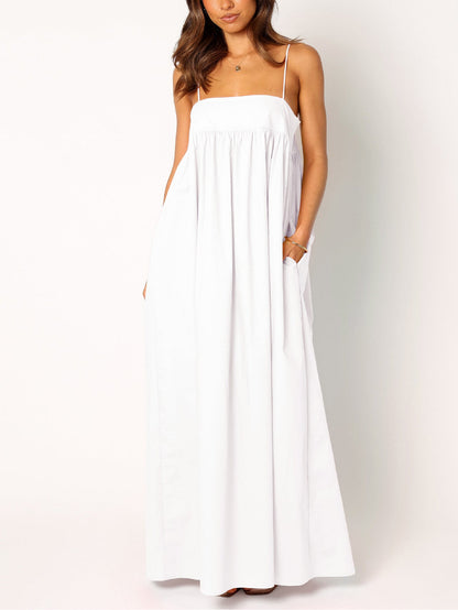 Women's Summer Backless Tied Spaghetti Straps Casual  Cutout Maxi Dress with Pockets