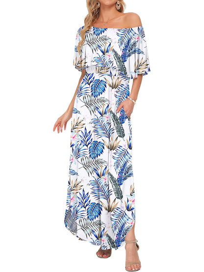 Women's Off-Shoulder Floral Maxi Dress with Pockets & Side Slit