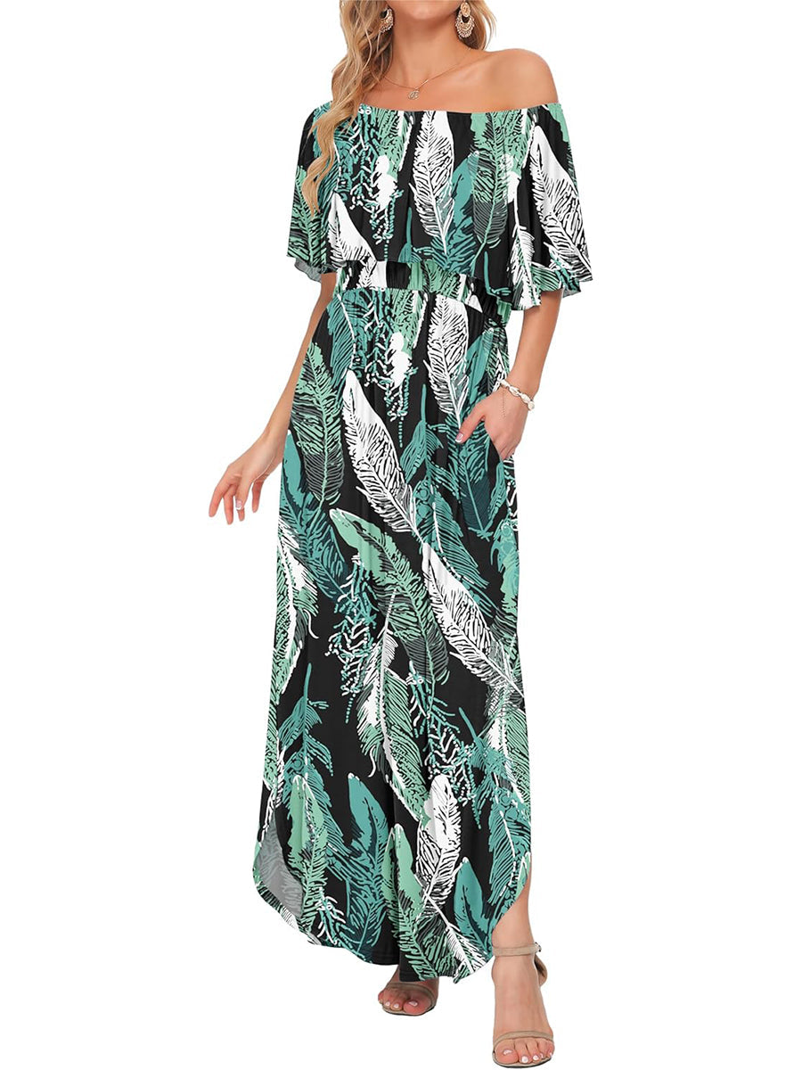 Women's Off-Shoulder Floral Maxi Dress with Pockets & Side Slit