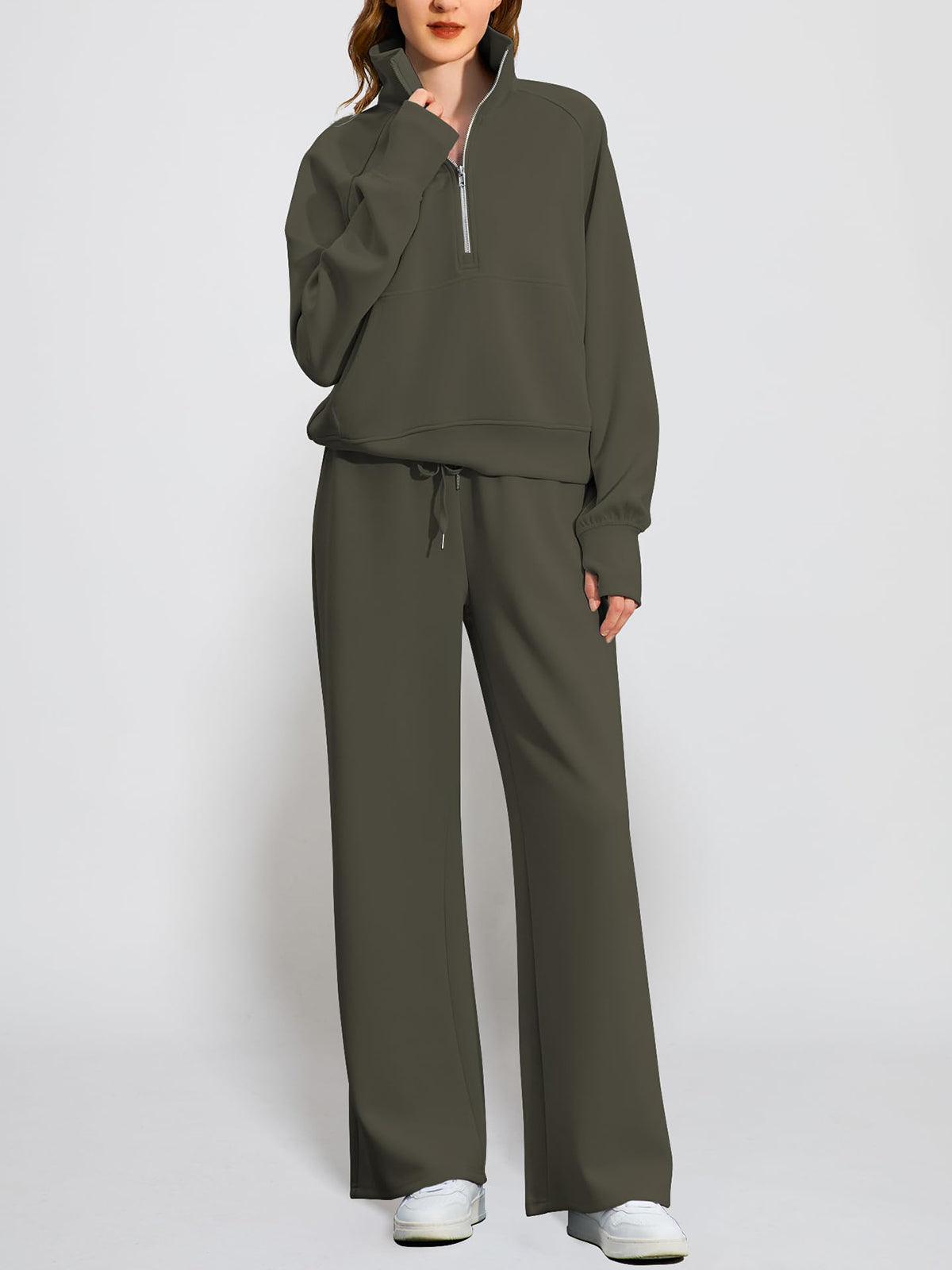 Women's Oversized Half Zip Wide Leg 2 Piece Outfits Lounge Set